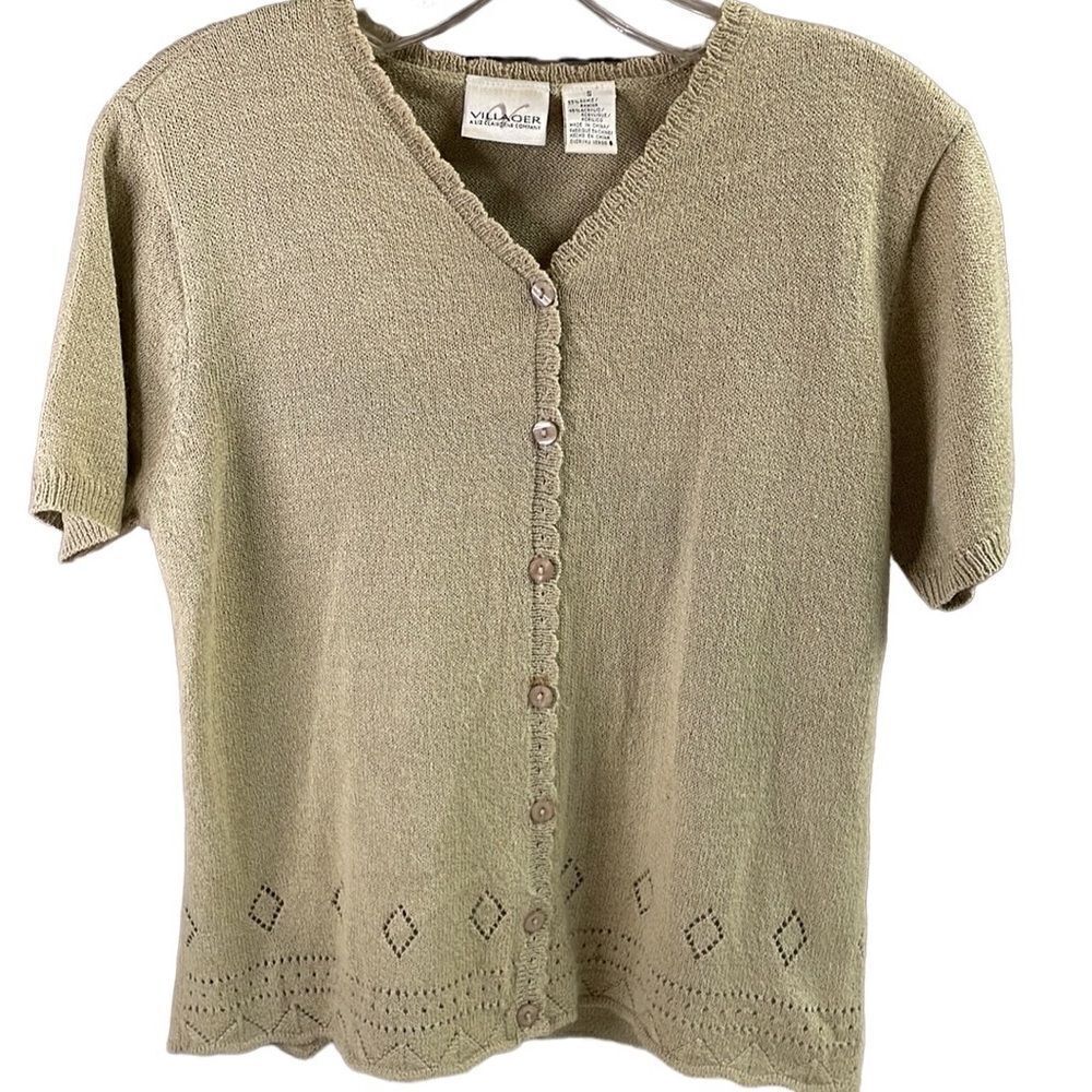 Villager Liz Claiborne Co Short Sleeve Button Up Scalloped Hem Sweater Cardigan